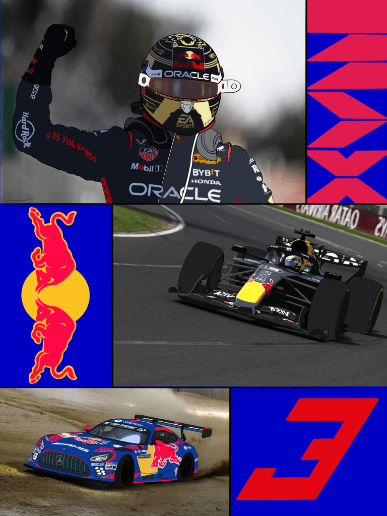 Poster featuring Max Verstappen and two of the cars he has driven